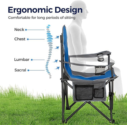 ALPHA CAMP Oversized Camping Folding Chair - Heavy Duty Steel Frame Support 350 LBS, Collapsible Padded Arm With Cup Holder, Quad Lumbar Back, Portable for Outdoor/Indoor