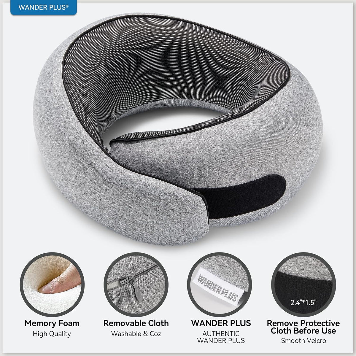 WANDER PLUS® Travel Neck Pillow, Pure Memory Foam Neck Pillow for Airplanes, Comfortable Breathable Cover, 360 Degree Support Ergonomic Design Best for Sleeping Plane Train Travel Essentials Max Grey