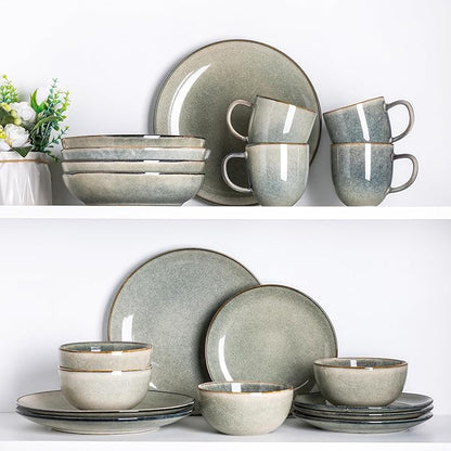 AmorArc Ceramic Dinnerware Sets for 4, 12 Pieces Handpainted Stoneware Plates and Bowls Set, Scratch Resistant Dishes Set, Dishwasher & Microwave Safe, Reactive Color