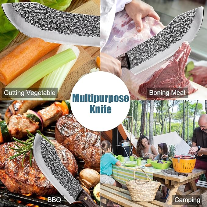 ROCOCO Butcher Knife for Meat Cutting Hand Forged 7" Sharp Full Tang Kitchen Meat Cleaver Cooking Knives for Home Outdoor Camping BBQ Christmas Father's Day Gift Idea Men