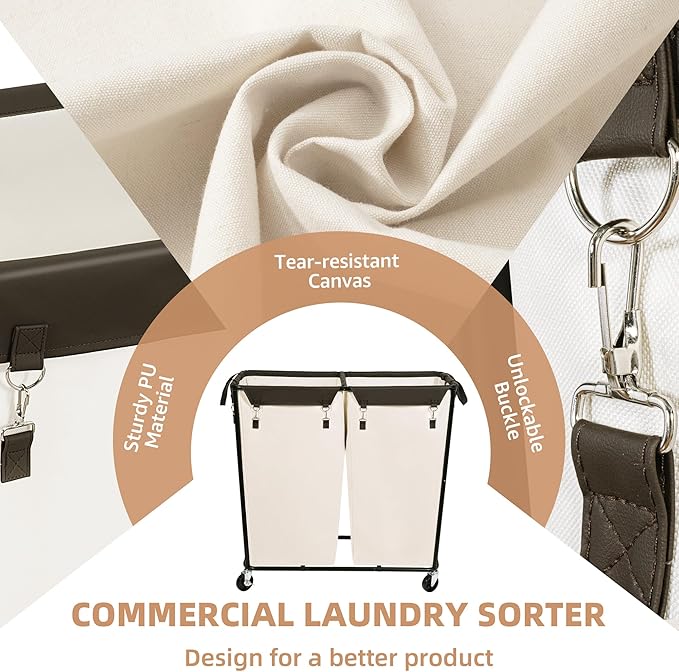 STORAGE MANIAC Commercial Laundry Hamper with Heavy Duty Steel Frame, 74 Gal. Industrial Laundry Basket Cart with Wheels for Hotel, Home, Laundry Room, Big Large Clothes Sorter, 2 Section Beige