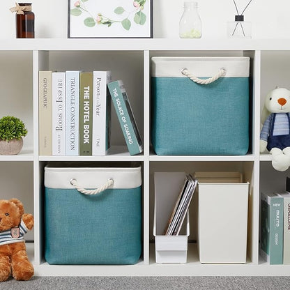 Temary Fabric Baskets Storage Baskets for Organizing 2 Pcs Decorative Baskets for Gifts Empty Collapsible Storage Bins for Home Closet(White&Teal,16Lx12Wx12H Inches)