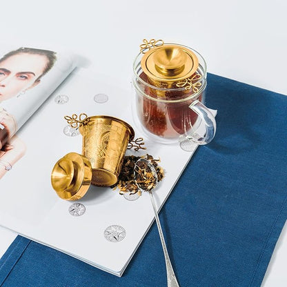 Premium Stainless Steel Tea Infuser Basket Gift Set - Gold Plated Loose Leaf Tea Steeper with Floral Engraved Lid, Stand & Fine Mesh Filter | Best Tea Strainer for Tea Lover
