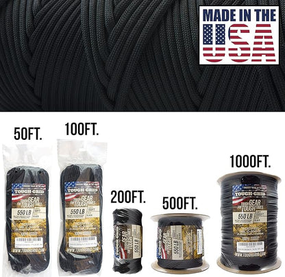 TOUGH-GRID 550 Paracord Rope Nylon Parachute Cord, Made in USA Survival Kit, Outdoor Adventures, Camping, Tactical Gear & Emergency Supplies, Military Type III Mil-Spec