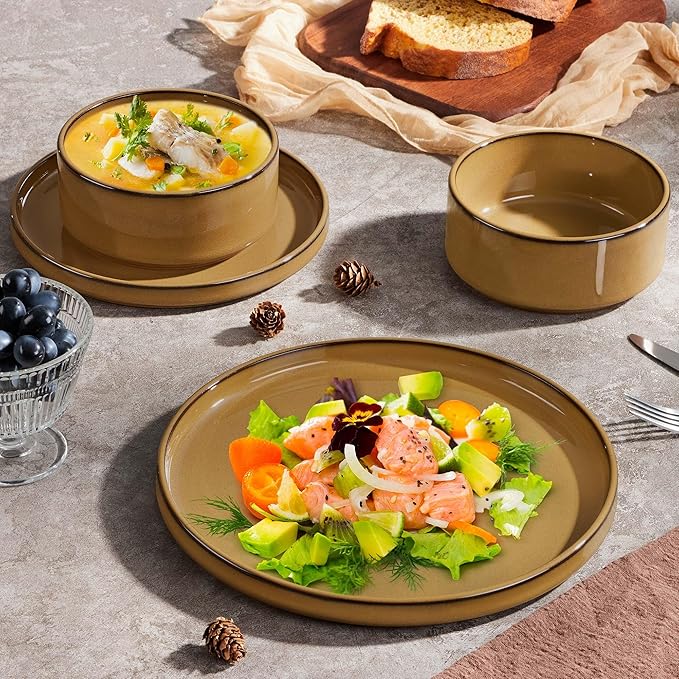 Herogo 12 Pieces Stoneware Dinnerware Set for 4, Ceramic Dinner Dishware Sets for Home Kitchen, Plates and Bowls with Rustic Terracotta Bottom, Dishwasher & Microwave Safe, Earthen Brown