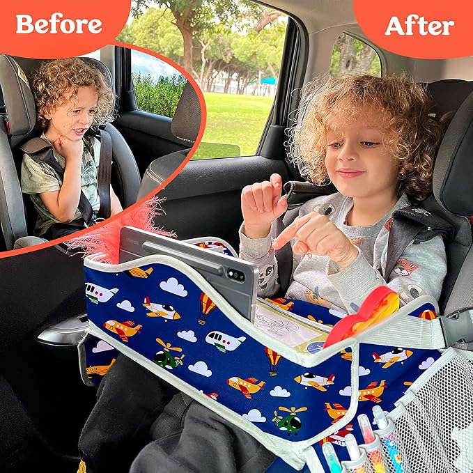 PILLANI Kids Travel Tray for Car - Car Seat Tray for Kids Travel, Road Trip Essentials, Carseat Table for Roadtrip Activities - Must Have Toddler Lap Desk Organizer for Airplane - Travel Accessories