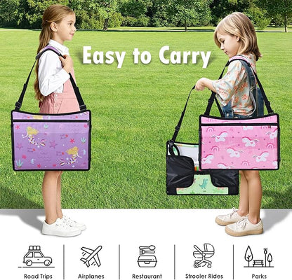 3PCS Kids Travel Tray for Airplane - Toddler Car Seat Table Tray, Road Trip Essentials for Boys & Girls, Carseat Lap Desk for Kids Road Trip Activities (Pink/Green-/Purple)