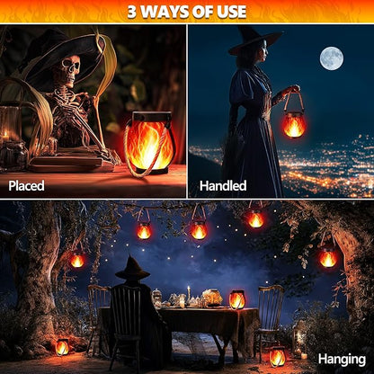 Halloween Solar Flame Lantern Hanging Outdoor Waterproof Purple - 2 Pack Flame Lanterns with Dual Charging Modes of Solar & USB for Garden or Yard Halloween Decorations (Red - 2 Pack)