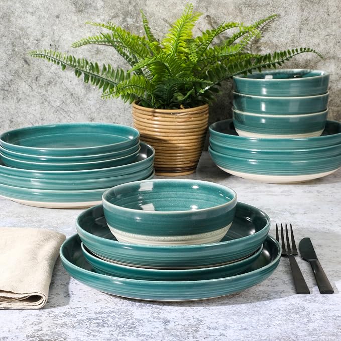 Gibson Elite Clarina 16 Piece Double Bowl Stoneware Reactive Glaze Round Plates
