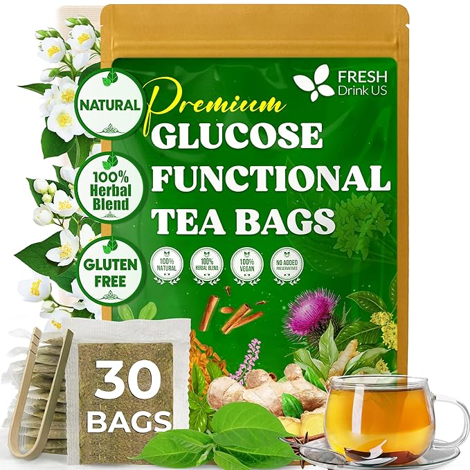 FreshDrinkUS, Premium 30 Tea Bags Glucose Functional Tea – Herbal Blend with Gymnema, Cinnamon, Bitter Melon, Tulsi & More –– Caffeine-Free. Sugar-Free. Gluten-Free. Vegan