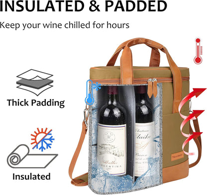 Tirrinia Insulated Wine Gift carrier - 3 Bottle Travel Padded Wine Carry Cooler Tote Bag with Handle and Adjustable Shoulder Strap, Khaki