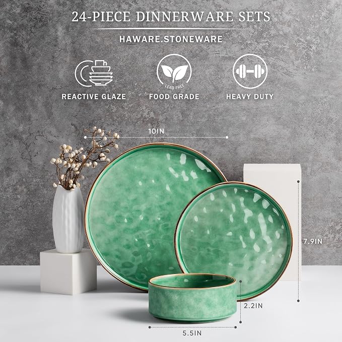 HaWare Dinnerware Sets, 24-Piece Plates and Bowls Set, Stoneware Dish Set