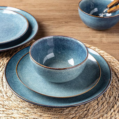 AmorArc Ceramic Dinnerware Sets for 8, 24 Pieces Handpainted Plates and Bowls Set, Scratch Resistant Stoneware Dishes Set, Dishwasher & Microwave Safe, Ceylon Blue