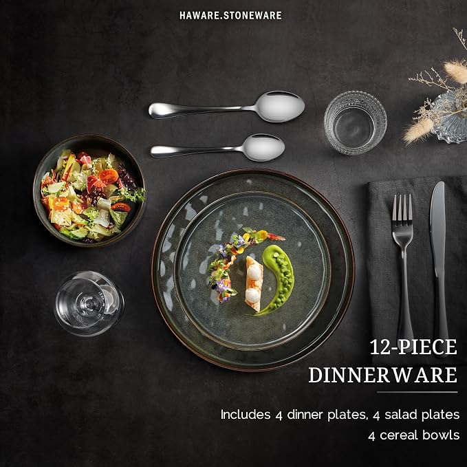 HaWare Dinnerware Sets, 12-Piece Plates and Bowls Set, Reactive Moss Green |