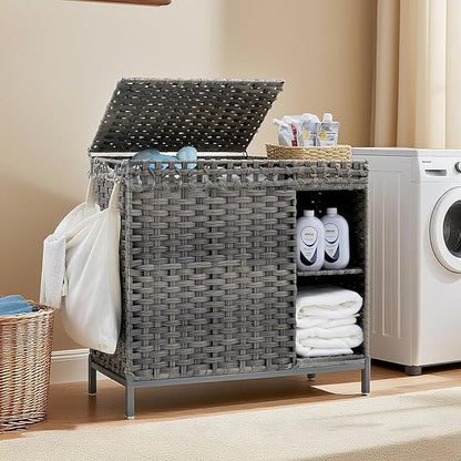 Laundry Hamper with Lid, 110L (29.1 Gal) Rattan Laundry Hamper 2 Section with 50L (13.2 Gal) Storage Shelf, Wicker Woven Laundry Sorter Basket with 3 Liner Bags and Handles, Gray GLH002G