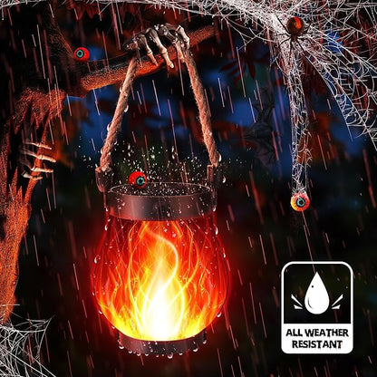 Halloween Solar Flame Lantern Hanging Outdoor Waterproof Purple - 2 Pack Flame Lanterns with Dual Charging Modes of Solar & USB for Garden or Yard Halloween Decorations (Red - 2 Pack)