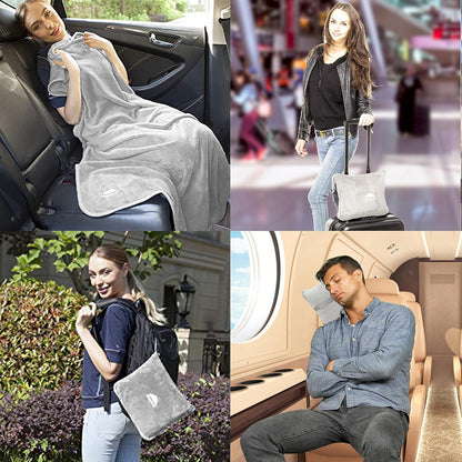 BlueHills Premium Soft Travel Blanket Pillow Airplane Flight Blanket Throw in Ultra-Soft Bag Pillow case Luggage Sleeve & Backpack Clip Large Air Warm Traveler Essentials - Light Gray T024