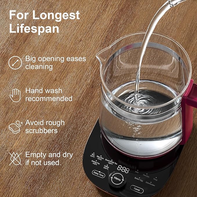 Electric Kettle, 1.5L Borosilicate Glass Hot Water Kettle Electric & Tea Kettle for Coffee or Tea, BPA Free, Auto Shut-Off, Stainless Steel, Red, 1200w