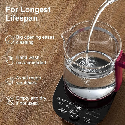 Electric Kettle, 1.5L Borosilicate Glass Hot Water Kettle Electric & Tea Kettle for Coffee or Tea, BPA Free, Auto Shut-Off, Stainless Steel, Red, 1200w