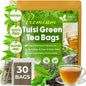 FreshDrinkUS, Premium 30 Tulsi Green Tea Bags, 100% Natural, Blend of Tulsi Holy Basil Leaves, and Green Tea Leaves. Made with Natural Material Tea Bags. No Sugar, Vegan.
