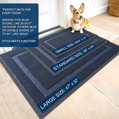 OLANLY Front Door Mat Indoor Outdoor Entrance, Waterproof All-Season, All-Weather Doormat, Sturdy Natural Rubber, Fade Resistant, Low Profile, Easy Clean Patio Porch Entryway Mat, 47x32, Blue