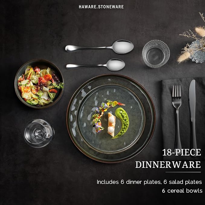 HaWare Dinnerware Sets, 18-Piece Plates and Bowls Set, Reactive Moss Green |