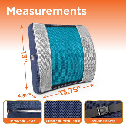 BLACK+DECKER Cooling Gel Lumbar Memory Foam Cushion – Ergonomic Back Support Travel Pillow with Ventilated Mesh, Adjustable Strap, Slow Rebound Memory Foam, Washable Cover