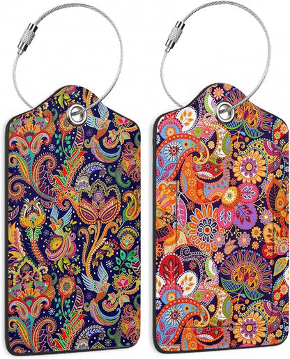 Boho Colorful Paisley 2 Pack Luggage Tag for Suitcase, Cute Unique Leather Bag Tags Identifiers Privacy Cover ID Label with Durable Steel Loop for Women Men Kids Girls Travel