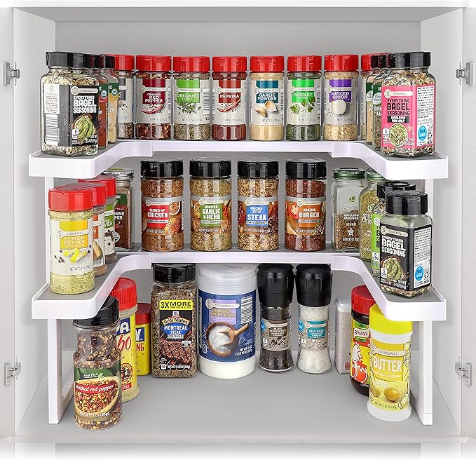 Spicy Shelf Premium – Expandable 2-Tier Spice Rack Organizer for Cabinets & Pantry – Adjustable Stackable Kitchen Seasoning Organizer – Strong Non-Slip Cabinet Organizer for Spices, Bottles & More