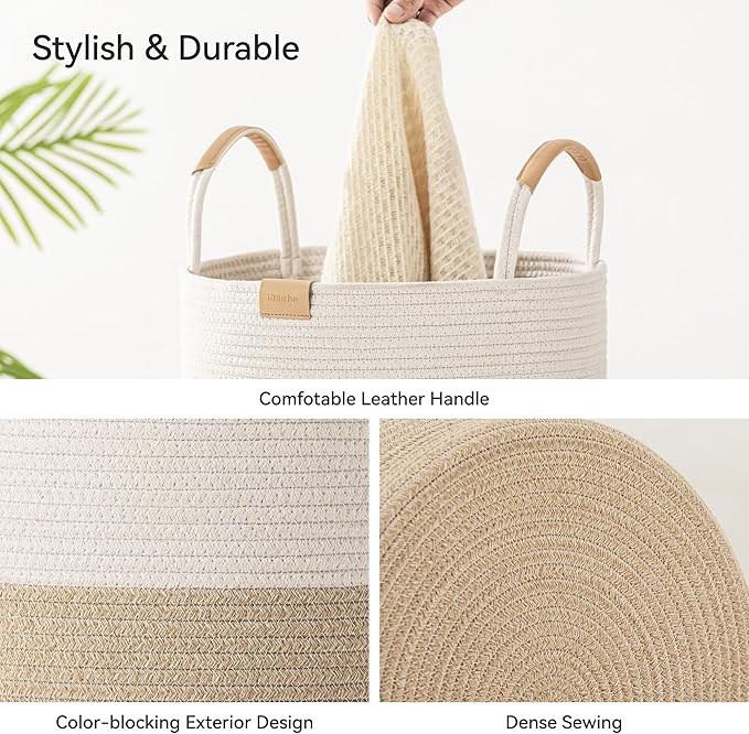 62L Striped Laundry Hamper with Leather Handles,Large Foldable Laundry Basket for Clothes,Cotton Rope Storage Bin for Blankets,Woven Clothes Basket for Bedroom, Beige Stripes