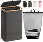 100L Laundry Hamper with Lid, Large Laundry Basket with Bamboo Handles, Clothes Hampers for Laundry with Removable Bag, Dirty Clothes Hampers for Bedroom Aesthetic, Grey