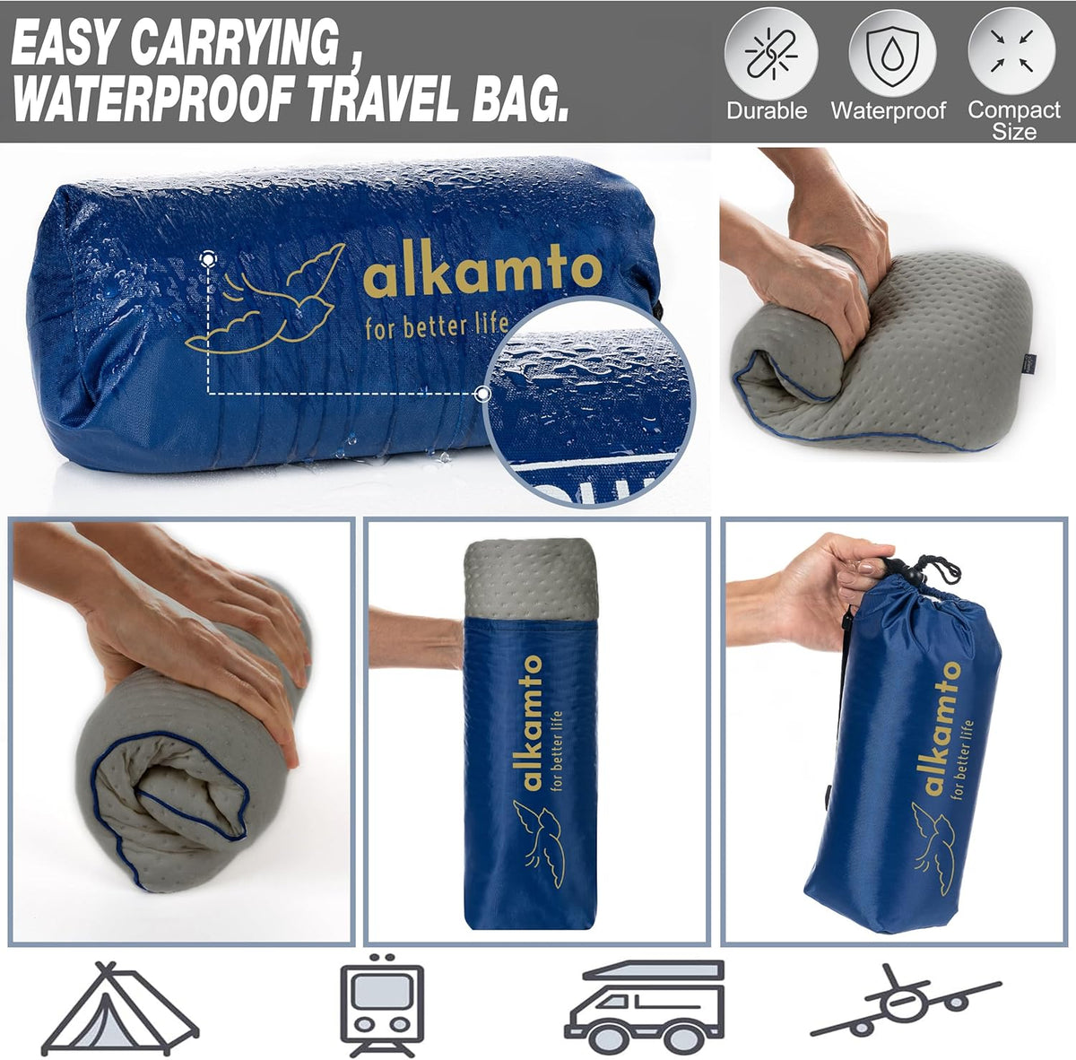 Travel & Camping Comfortable Memory Foam Pillow – Easy to Carry Portable Bag – Temperature Regulating Pillow Case (Grey)