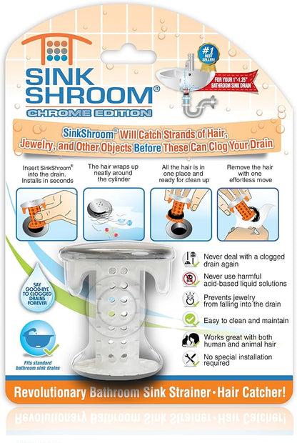 SinkShroom Revolutionary Bathroom Sink Drain Protector Hair Catcher, Strainer, Snare, Silicone , Brushed, Sinkshroom Chrome Edition, 1" -1.4"
