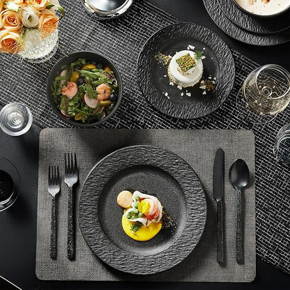 KINGSTONE Black Dinnerware Sets with flatware, 32-Piece Matte Marble Pattern Premium Porcelain, Place Setting with Dinner Plate, Salad Plate, Pasta Bowl, Microwave and Dishwasher Safe