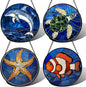 Stained Glass Window Hanging 4 Pcs Set Blue Ocean Turtle Dolphin Large 15" - Marine Life Suncatcher Garden Sun Catcher Decor Birthday Mother's Day for Mom Woman Nana Men
