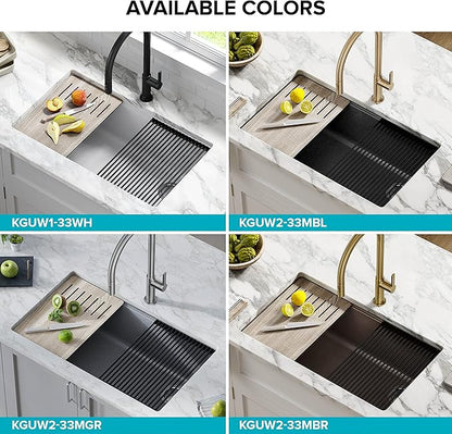 KRAUS Bellucci 32” in. Undermount Workstation Granite Kitchen Sink in Metallic Black with Accessories, KGUW2-33MBL