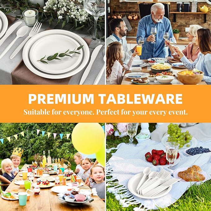 100% Compostable Cutlery Set,150pcs (50 Forks,50 Spoons,50 Knives) Disposable Cornstarch Utensils Heavy Duty BPI Certified Eco-Friendly Party Supplies No Plastic, Ivory White