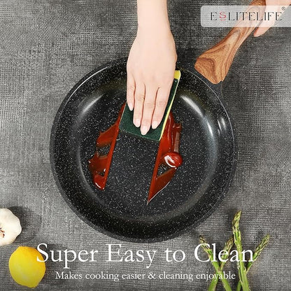 ESLITE LIFE Nonstick Ceramic Frying Pans Skillets Set with Lids, Non-Toxic Egg Omelette Kitchen Cooking Pans Compatible with All Stovetops (Gas, Electric & Induction), PTFE & PFOA Free (Black)