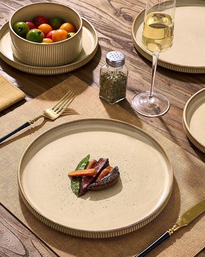 Dinnerware Set for 6, Ceramic Ribbed Plates, Dishes | 18-Piece Stoneware Dinner