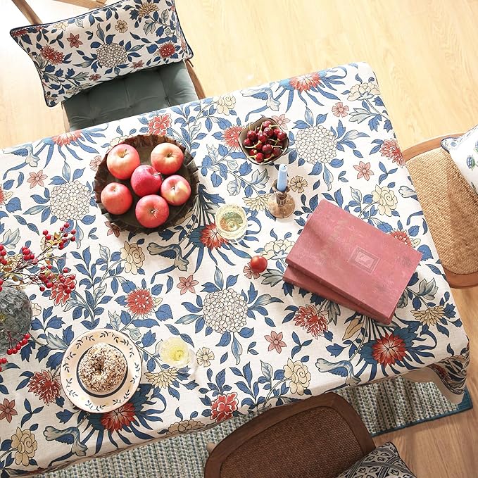 patdrea Designer Small Blue Tablecloth for Square Table,Vintage Linen with Leaves and Floral Pattern Tablecloths,Farmhouse Decor Cover for Kitchen Dining,Christmas,Thanksgiving,55"x55"-Ivar a