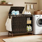 Laundry Hamper with Lid, 110L (29.1 Gal) Rattan Laundry Hamper 2 Section with 50L (13.2 Gal) Storage Shelf, Wicker Woven Laundry Sorter Basket with 3 Liner Bags and Handles, Brown GLH002BR