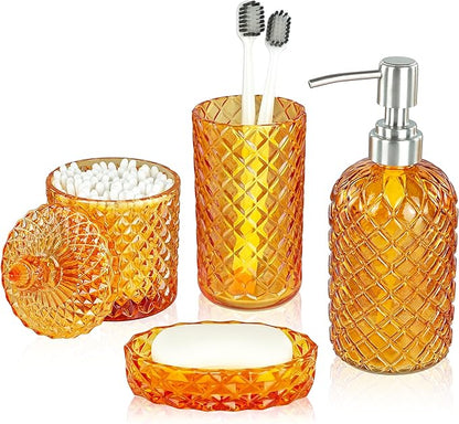 Orange Bathroom Accessorires Set, 4Pcs Clear Glass Bathroom Accessories, Burnt Orange Lotion Soap Dispenser, Toothbrush Holder Set, Soap Dish, Qtips Holder for Modern Vibrant Bathroom Decor