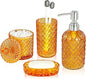 Orange Bathroom Accessorires Set, 4Pcs Clear Glass Bathroom Accessories, Burnt Orange Lotion Soap Dispenser, Toothbrush Holder Set, Soap Dish, Qtips Holder for Modern Vibrant Bathroom Decor