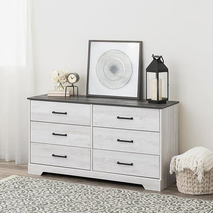 Prepac Rustic Ridge Farmhouse 6-Drawer Double Dresser, Washed White Dresser for Bedroom, Chest of Drawers with 6 Storage Drawers, 53.25” wide x 18.25” deep x 28.5” tall, Washed White