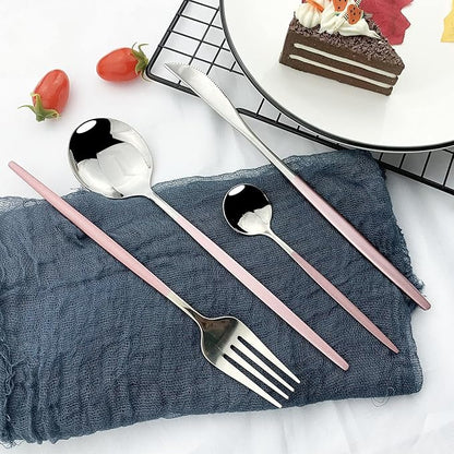 JASHII Flatware Serving Set 24 Piece, Stainless Steel Silverware Set, Pink Silver Cutlery Set, Modern Elegant Tableware Set for Party, Christmas, Dinner (Pink Silver)
