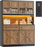 FINETONES 71" Pantry Cabinet with LED Light and Charging Station, Farmhouse Kitchen Pantry Cabinet with Microwave Stand, 47.2" Wide Kitchen Hutch Food Pantry with Open Countertop, Black/Brown