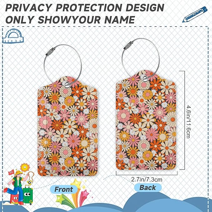 2 Pack Luggage Tag for Suitcase,Vintage Groovy Flowers Leather Suitcase Tags Identifiers with Privacy Name Address Labels and Durable Steel Loop for Women Men Travel