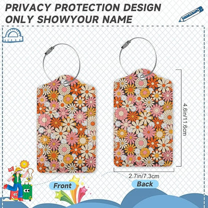 2 Pack Luggage Tag for Suitcase,Vintage Groovy Flowers Leather Suitcase Tags Identifiers with Privacy Name Address Labels and Durable Steel Loop for Women Men Travel
