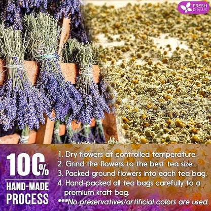FreshDrinkUS, Premium 60 Chamomile Lavender Tea Bags, Calming Herbal Blend Strong Support for Relaxation & Better Sleep | Naturally Caffeine-Free Bedtime Tea with Soothing Floral Aroma, 100% Natural, Hand-made No Sugar/ Caffeine/ Gluten, Vegan