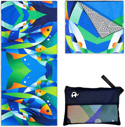 Elite Trend Quick Dry Towel Extra Large 78x35 Inch - Microfiber Beach Towel - Perfect for Beach, Travel, Swimming, Pool, Yoga, Hiking, Camping - Lightweight, Fast Drying, Compact for Adults (Fishes)